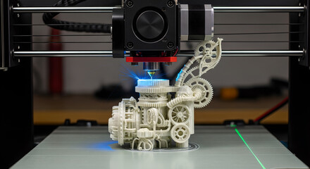 Innovative 3D printer creating intricate steampunk-inspired mechanical device with precise