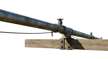 FARMING - Metal water pipe or irrigation pipe mounted on wooden beams under a clear sky, ideal for agricultural or industrial water supply systems