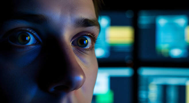 Intense gaze captivated by digital screens reflecting in wide eyes person immersed in information