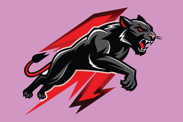 Dynamic black panther leaping forward with fierce red accents and lightning bolt shapes