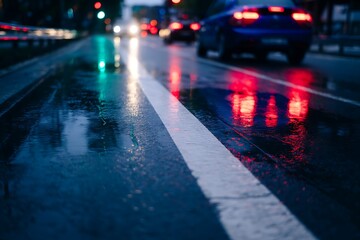 Wet city street at night with car headlights and taillights reflecting on the asphalt