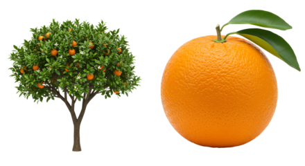 FARMING - Orange fruit and orange tree with leaves isolated on white background, fresh citrus fruit concept, perfect for healthy eating and natural products