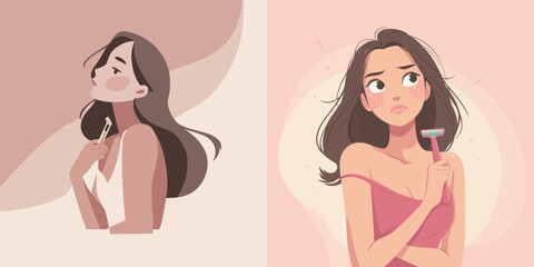 Two women reflect on personal grooming preferences in a soft and inviting color palette. The setting evokes a sense of self-care and contemplation about beauty standards.