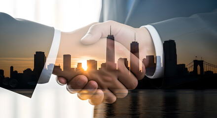 Partnership reaching new heights a global cityscape handshake agreement success business expansion