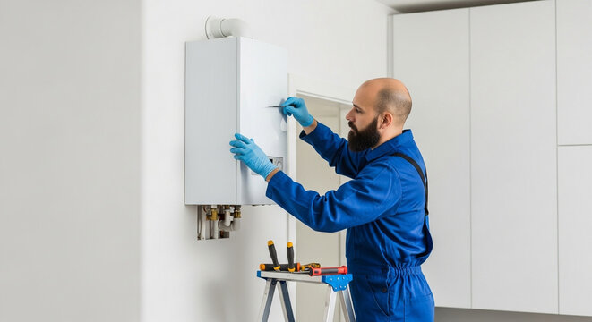 Man in blue uniform fixing white water heater on white wall with tools on ladder below