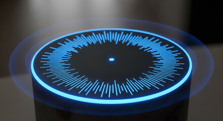Smart home device pulsating with vibrant blue light and a circular sound wave pattern design