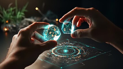 Hands manipulating glowing geometric shapes over a digital interface with abstract patterns in a dark room - Powered by Adobe