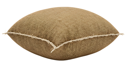 FARMING - Rustic burlap pillow cushion with visible stitching and rough texture isolated on white, perfect for farmhouse or natural home decor