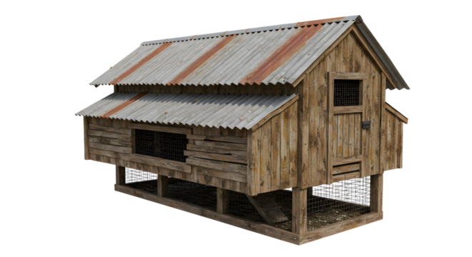 FARMING - Rustic wooden chicken coop with corrugated metal roof isolated on white background, perfect for poultry farming and backyard setups