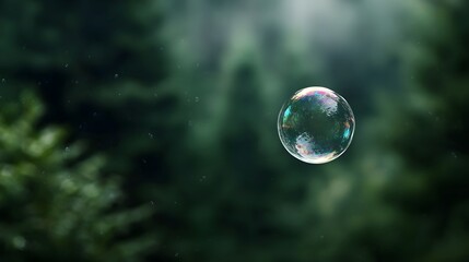 A single iridescent soap bubble floats in a softly lit blurred green forest capturing a moment of purity