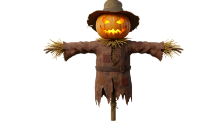 FARMING - Scarecrow with glowing jack-o'-lantern head wearing a straw hat and tattered clothing isolated on black background, perfect for Halloween decorations and spooky themes