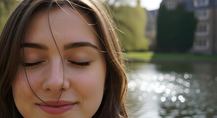 Young woman experiencing tranquility and serenity outdoors near shimmering water during a sunny