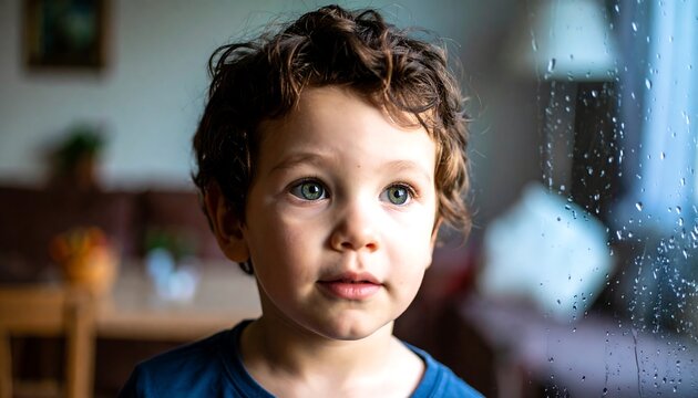 Child looking out a window on a rainy day