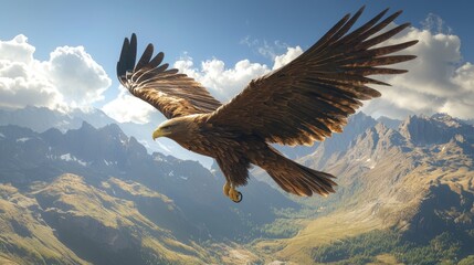 Fototapeta premium Majestic Golden Eagle Soaring Above Mountainous Terrain Under a Cloudy Sky.