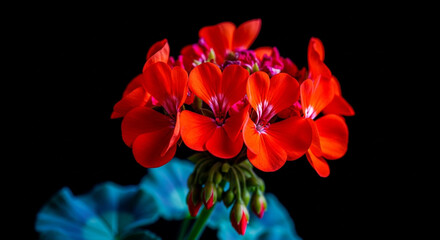 A close up of a vibrant red geranium flower with buds against a dark black background