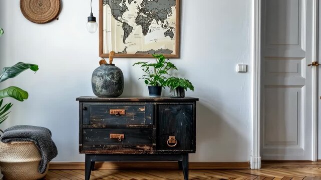 A beautifully arranged living room showcases a rustic cabinet paired with a vintage world map and decorative plants for a cozy atmosphere