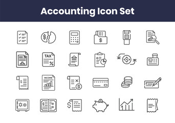  Accounting and Finance Icon Set – Line Style Business Illustrations of Tax, Report, Banking, Payment, Budget, Money, Invoice, and Growth