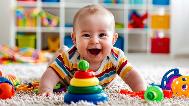 Cheerful baby enjoys playtime surrounded by vibrant toys, showing curiosity and joy while stacking colorful rings and exploring