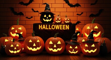 Glowing jack o'lanterns and bats create a spooky halloween night scene indoors
