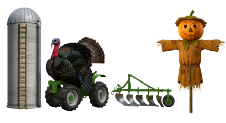 FARMING - Turkey on a green tractor next to a cornfield of corn and a smiling scarecrow with pumpkin head standing by a silver farm silo, perfect for Thanksgiving or fall harvest themes