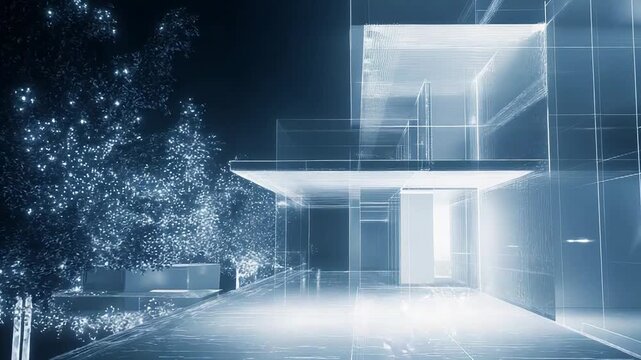 Futuristic sustainable building project showing wireframe and data flow