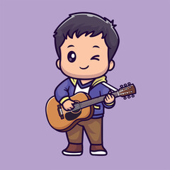 A cartoon figure winking playing an acoustic guitar on a purple background