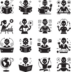 Fototapeta premium Education and Learning Icons with Students Reading and Using Technology Silhouettes vector