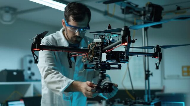 A scientist in a lab coat tinkers with machinery, concept for science and technology