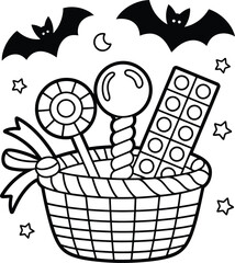 Halloween Candy Basket with Bats Moon and Stars Black and White Outline for Coloring and Creative Holiday Celebrations Spooky Season