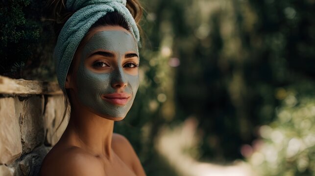 A young woman with a refreshing green face mask enjoys a moment of self care in a serene outdoor garden spa - Powered by Adobe