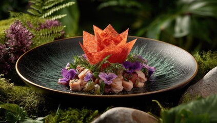 Gourmet dish presentation on dark plate amidst greenery