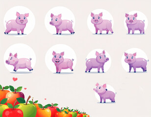 Pink pigglets with different expresions, apples and hearts