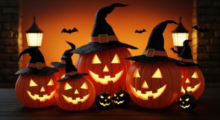 Glowing jack o lanterns wearing witch hats create a spooky halloween night scene