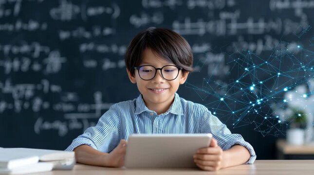 Smiling schoolboy using tablet in classroom with digital network overlay, modern education technology and e-learning in front of chalkboard with math formulas
 - Powered by Adobe