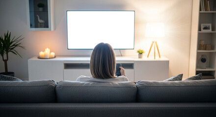 Woman watching television at home on sofa with remote control in living room setup