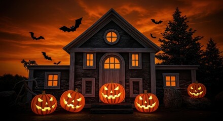 Fototapeta premium Spooky haunted house with glowing pumpkins and bats on Halloween night