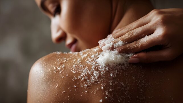 Hands applying salt scrub to shoulder for skin exfoliation and wellness