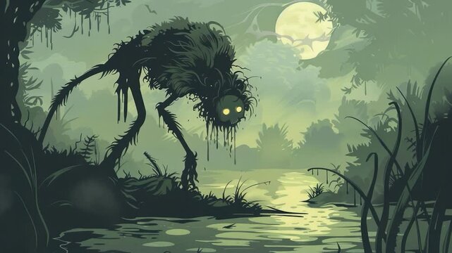 A monster lurks in the depths of a murky swamp under the light of a full moon