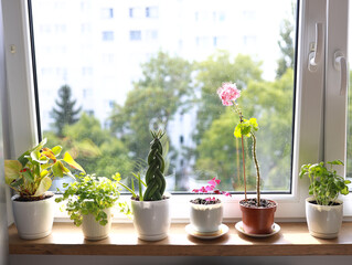 Indoor Garden of Various Potted Plants by a Bright Window