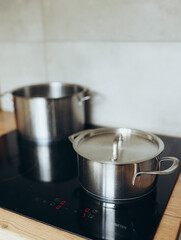 Cooking Pots on Induction Stove in Modern Kitchen Setting