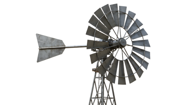 FARMING - Old rustic metal windmill isolated on white background, vintage farm equipment with rotating blades for water pumping and weather monitoring
