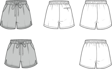 "Men’s swim shorts, front and back view, technical flat sketch, drawstring waistband, summer beachwear design, fashion illustration, vector apparel template, editable outline"