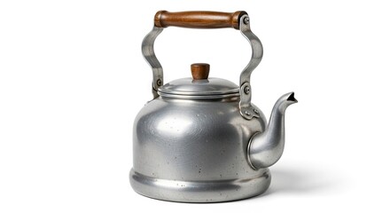 A silver kettle with a wooden handle  knob sits on a white surface casting a shadow to the right
