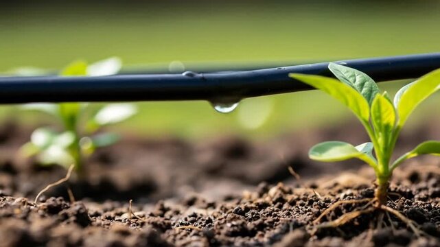 Drip Irrigation System Watering Young Plants in a Garden with a Black Pipe and Close Up View of Water Droplet on Green Background