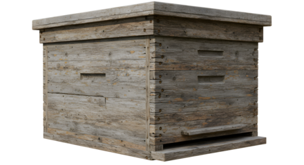 FARMING - Rustic wooden beehive box for beekeeping isolated on white background, perfect for apiary and honey production imagery