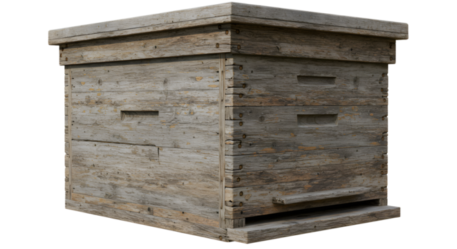 FARMING - Rustic wooden beehive box for beekeeping isolated on white background, perfect for apiary and honey production imagery