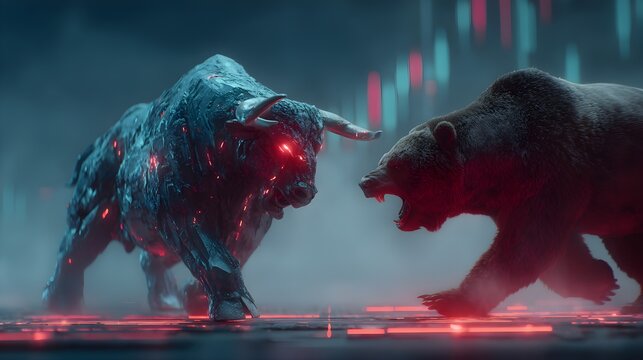 Neon Blue Red Holographic Financial Charts Powerful Metallic Bull Fierce Bear Facing Each Other Futuristic Web Print Copy Space Template Branding Social Media Poster Banner Marketing Eco SEO Optimized - Powered by Adobe