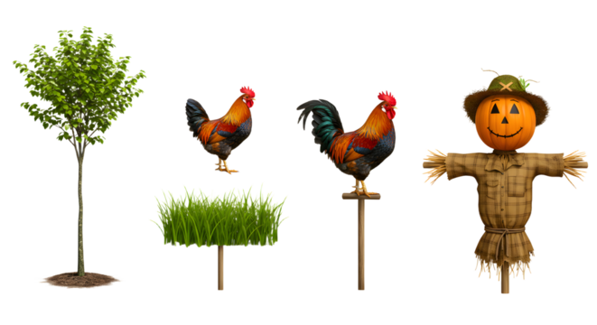FARMING - Set of four isolated garden and seasonal objects including tree, grass patch, rooster garden stakes, and pumpkin scarecrow, perfect for autumn decoration