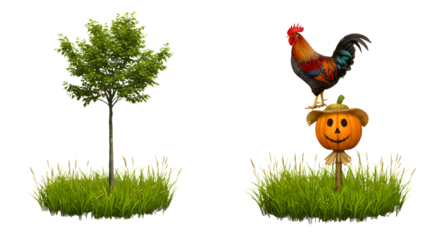 FARMING - Small green tree and Halloween pumpkin scarecrow with rooster on grass isolated on white background, perfect for seasonal decorations
