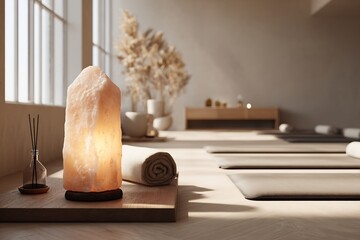 Salt lamp glowing in a yoga studio with mats and plants near window